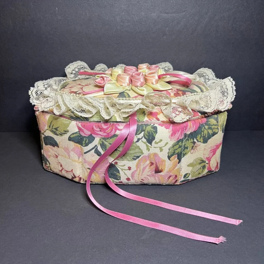 Vintage Ruffled Lace Ribbon & Floral Applique Fabric Octagon Jewelry Trinket Box